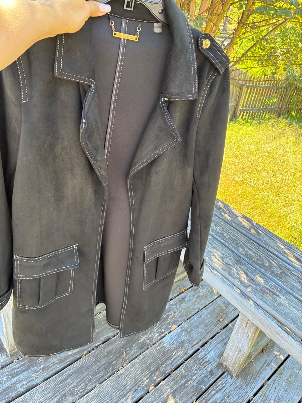 Tahari black Collarless faux Suede Trench Coat
